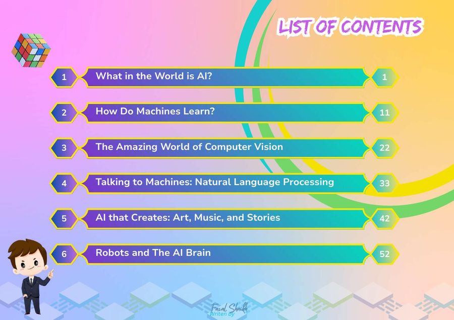 Table of contents page from the AI Magic for Kids workbook listing all six chapters