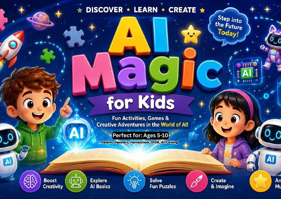 AI Magic for Kids printable workbook cover for children aged 6 to 10